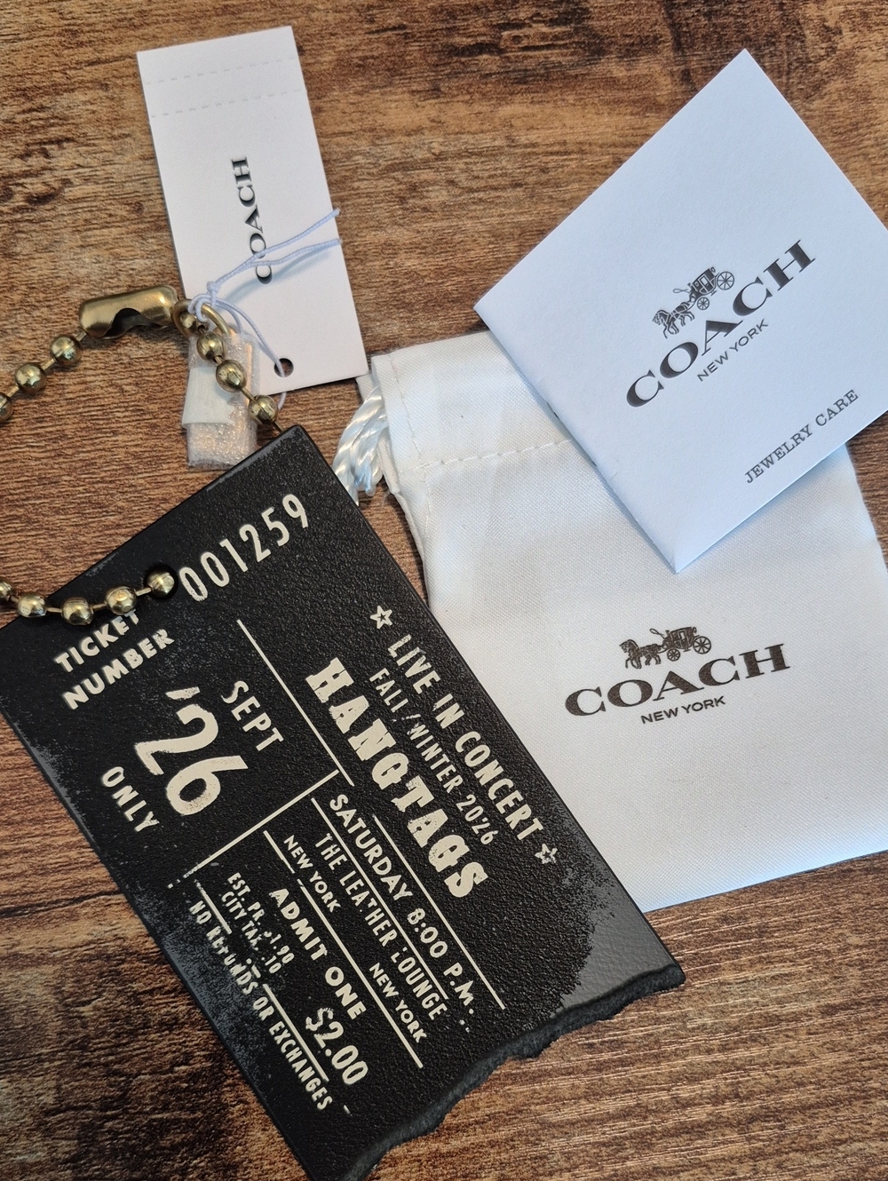 Coach Black Leather Ticket-Style Key & Card Holder with Gold Bead Chain